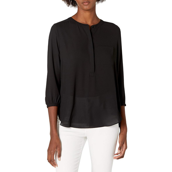 NYDJ Tops - NYDJ Womens size XL Solid 3/4 Sleeve Henley Pleat Back Blouse Top Sheer Black
